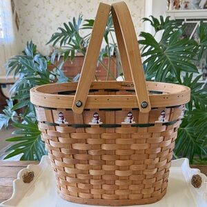 Vintage Woven Basket Painted Snowman with Handles